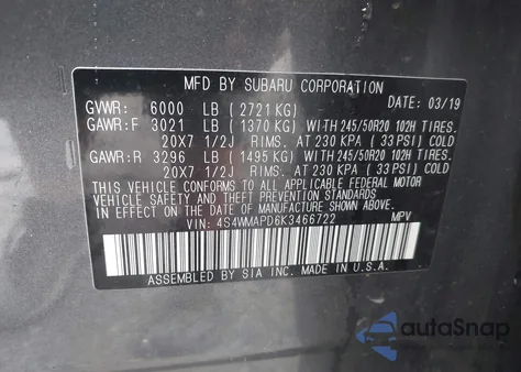 2019 Subaru Ascent Limited z USA, uszkodzony, nr VIN 4S4WMAPD6K3466722